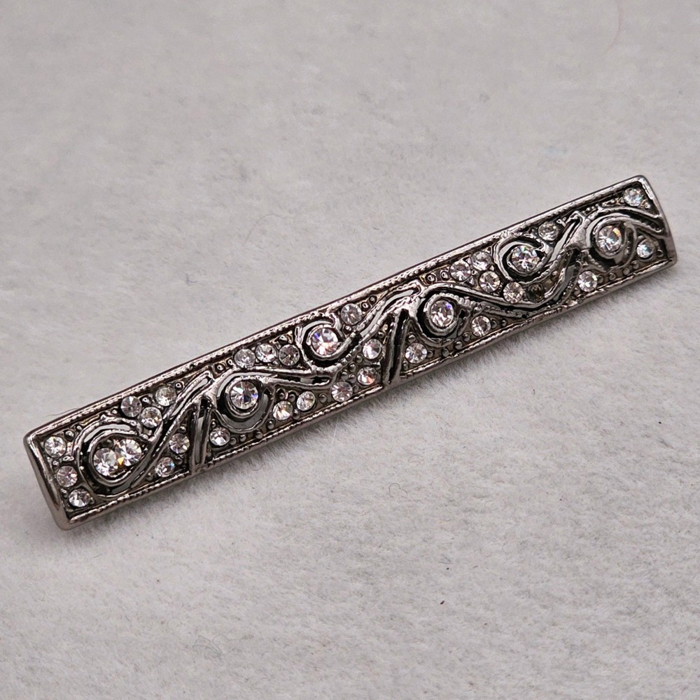 Rhinestone Bar Brooch Filigree Scroll Gunmetal Tone 2.25in Pin Dark Glamour